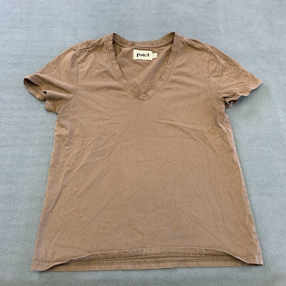Pact Women Organic Cotton V-Neck T-Shirt Small Brown Short Sleeve
